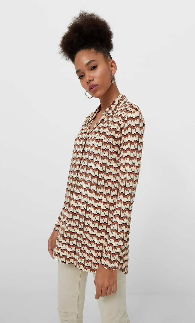 Stradivarius Printed Knit Shirt Brown M