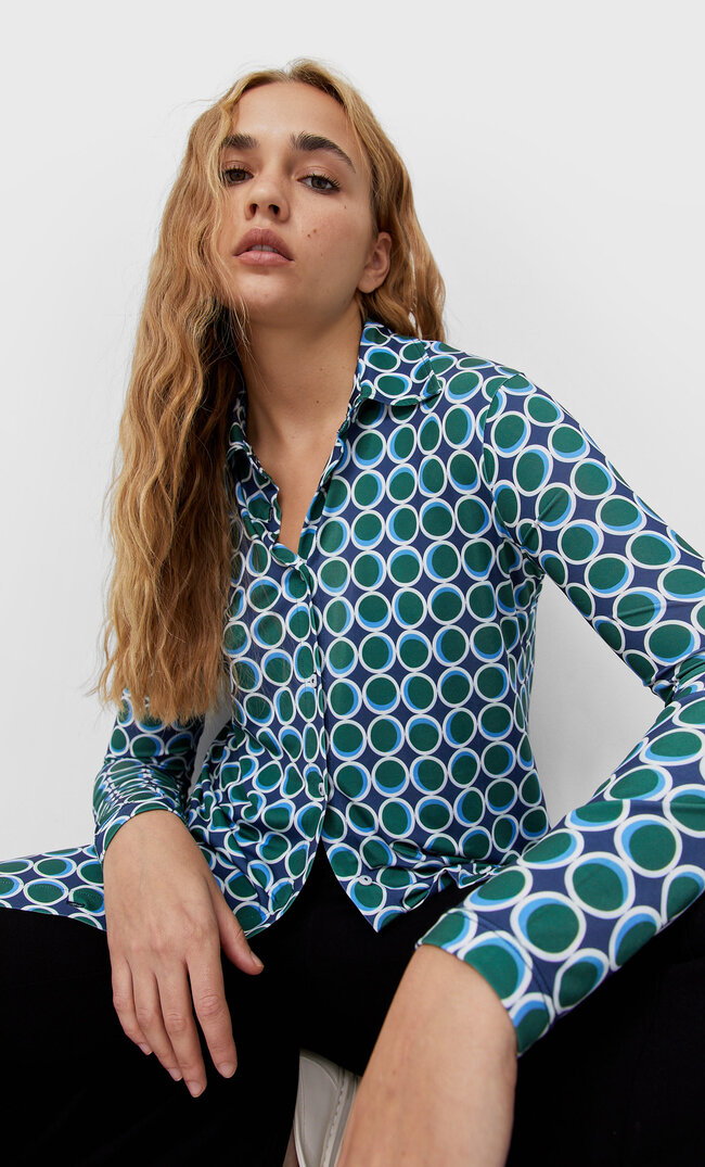 Stradivarius Strickhemd Mit Print Blau Xl