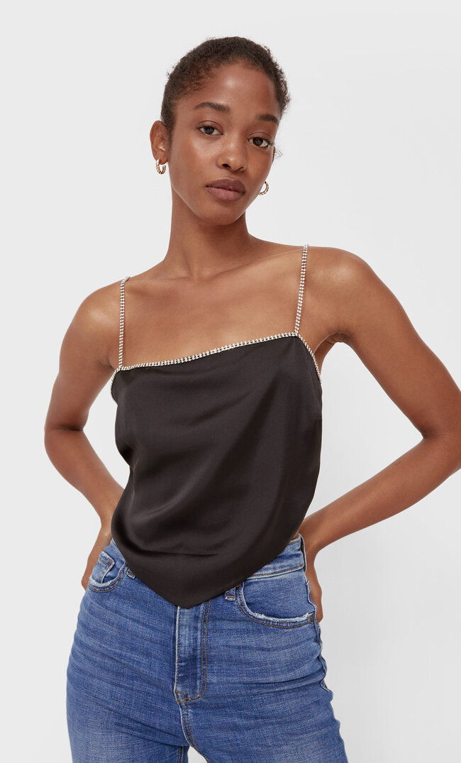 Stradivarius Satin Top With Rhinestones Black Xl