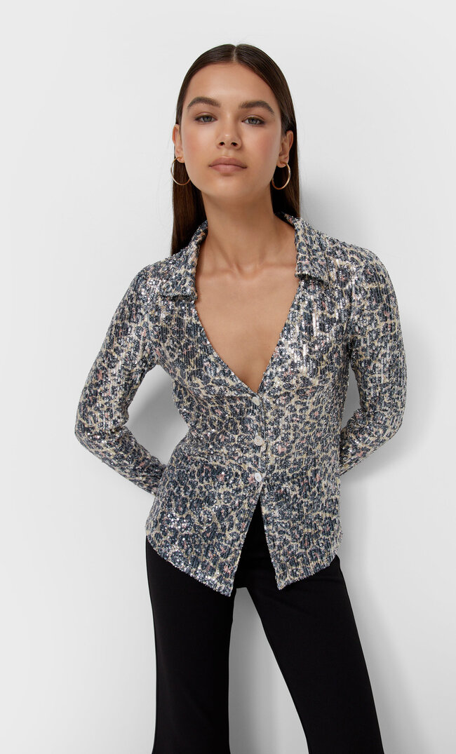 Stradivarius Flowy Sequin Animal Print Shirt Pale Tan S