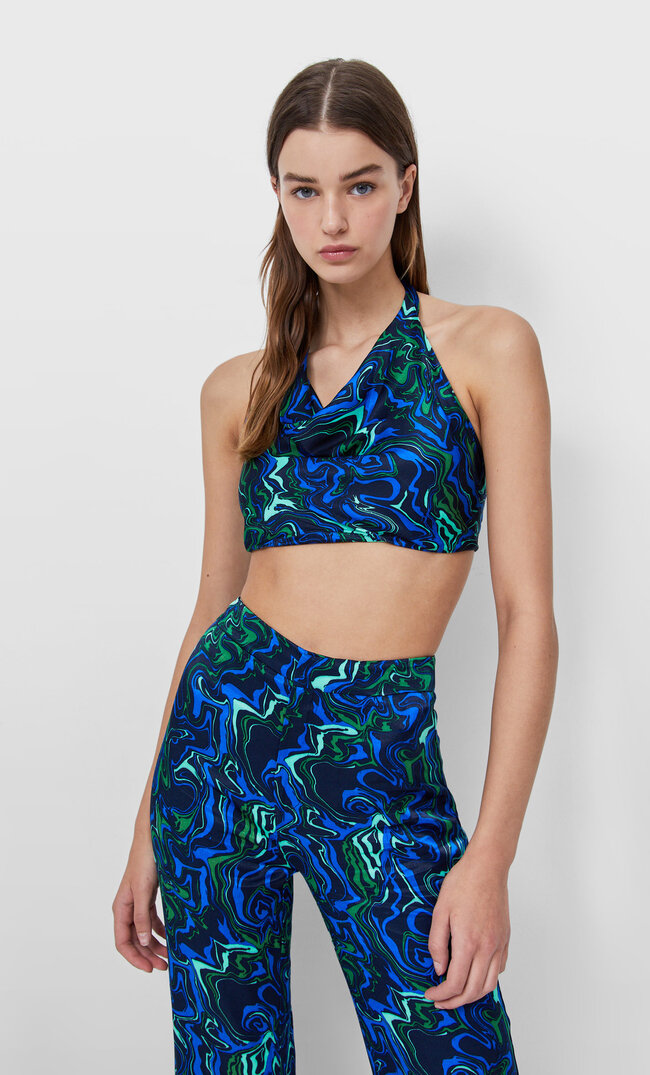 Stradivarius Neckholder-Top Aus Satin Mittelblau L