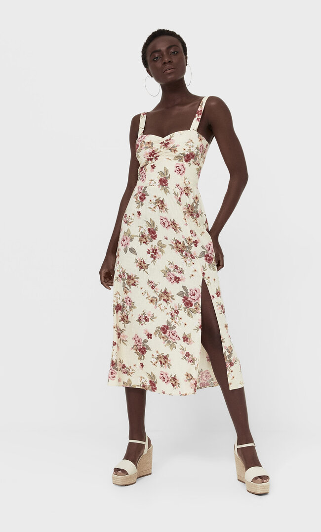 Stradivarius Floral Rustic Midi Dress Ecru M