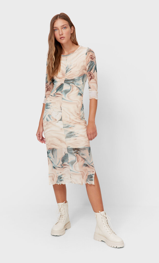 Stradivarius Midikleid Aus Tüll Khaki L