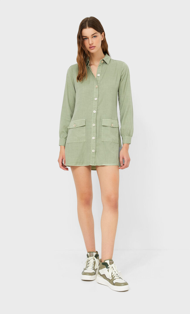 Stradivarius Utility Shirt Dress Green M