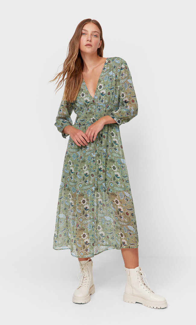 Stradivarius Boho Midi Dress Khaki S