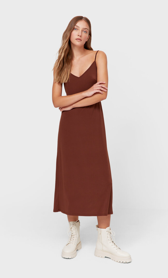 Stradivarius Knit Midi Dress Brown L