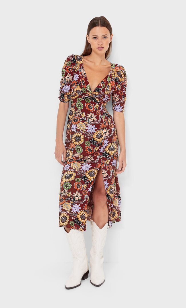 Stradivarius Kurzärmeliges Kleid Mit Print Braun Xs