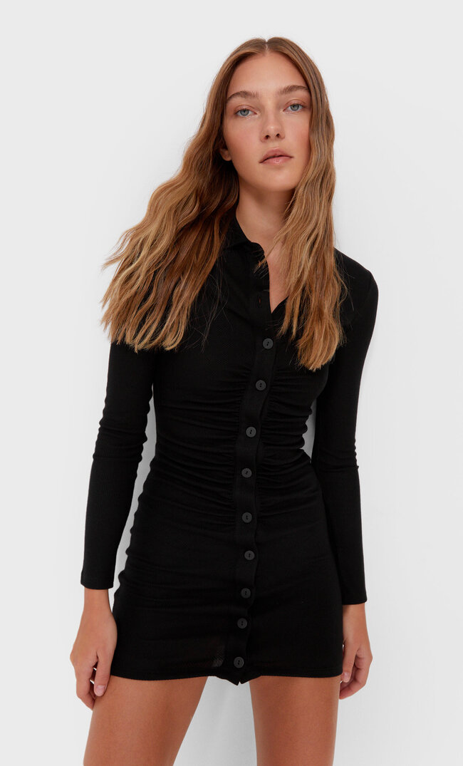 Stradivarius Marszczona Sukienka Polo Czarny Xl