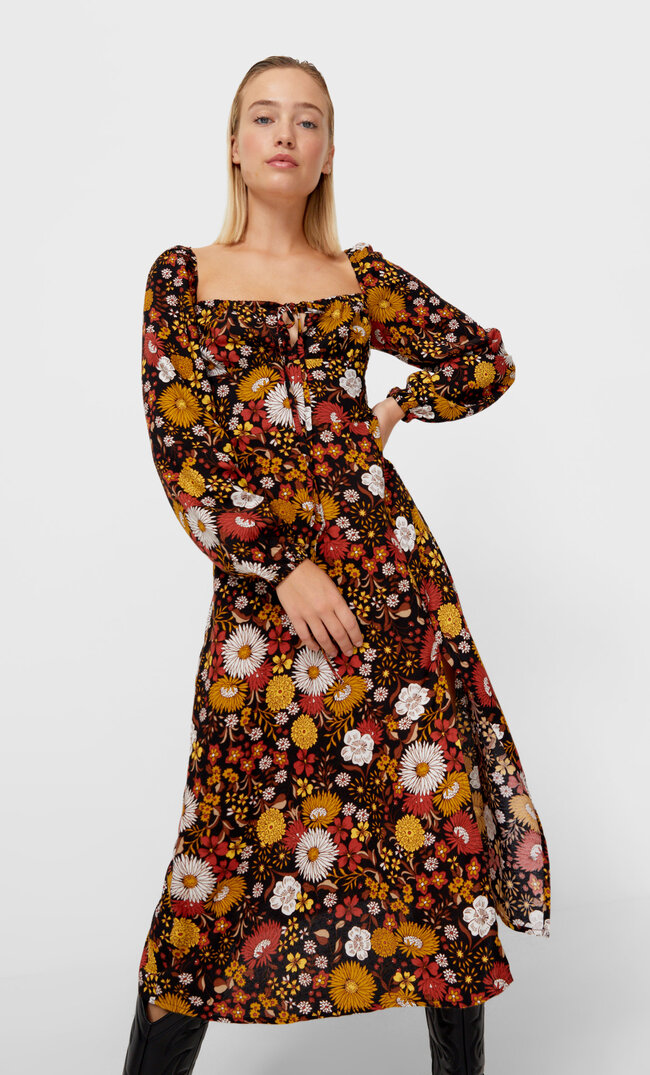 Stradivarius Floral Midi Dress Brown M