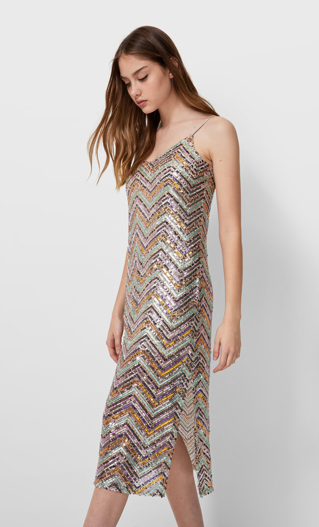 Stradivarius Zigzag Midi Dress With Sequins Lilac L