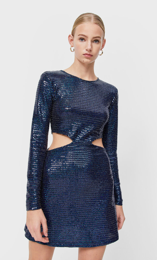 Stradivarius Short Sparkly Dress With Cut-Out Detail Dark Blue S