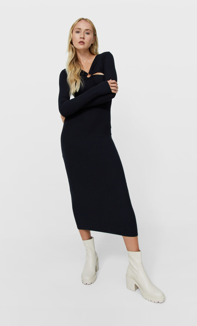 Stradivarius Pencil Midi Dress With Cut-Out Detail Black S