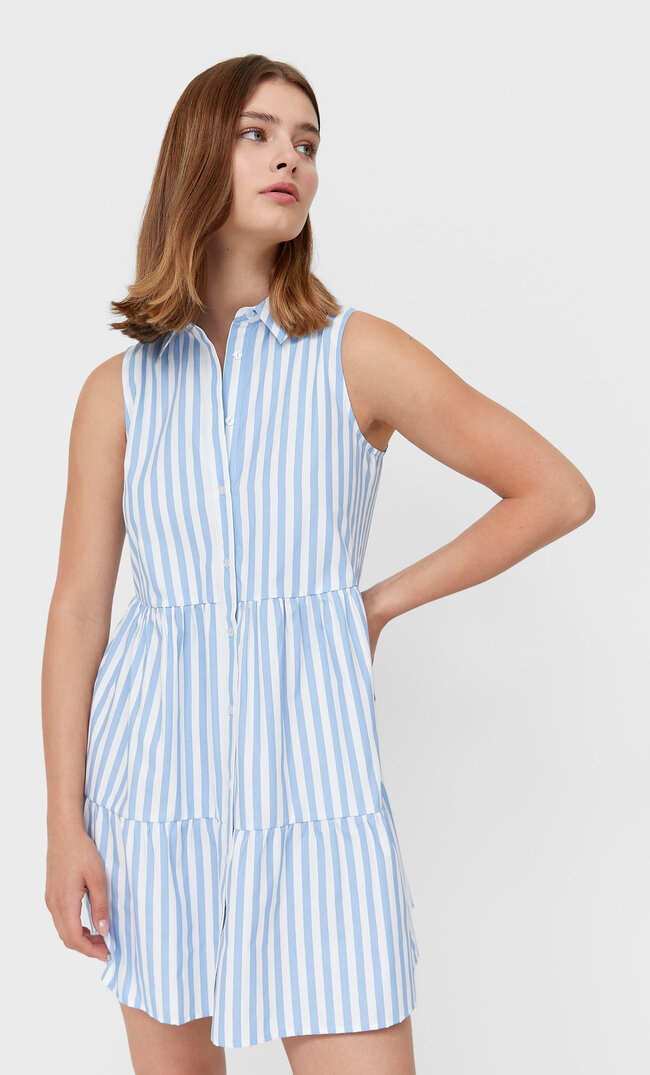 Stradivarius Gestreiftes Hemdkleid Himmelblau M