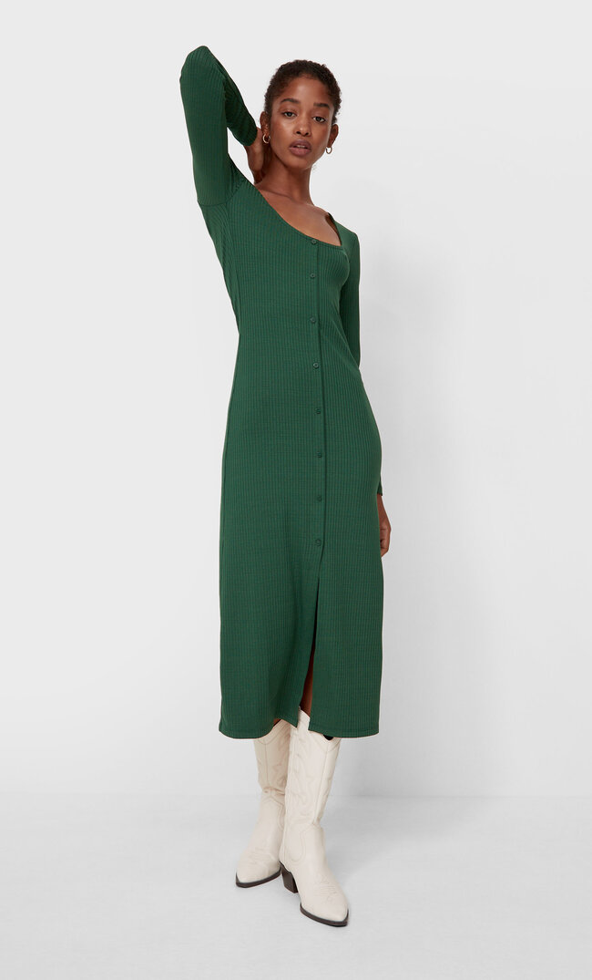 Stradivarius Ribbed Midi Dress With Buttons Bottle Green S