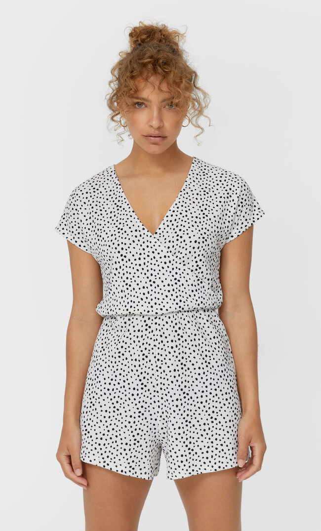 Stradivarius Kurzer Jumpsuit Mit Print Ecru Xl