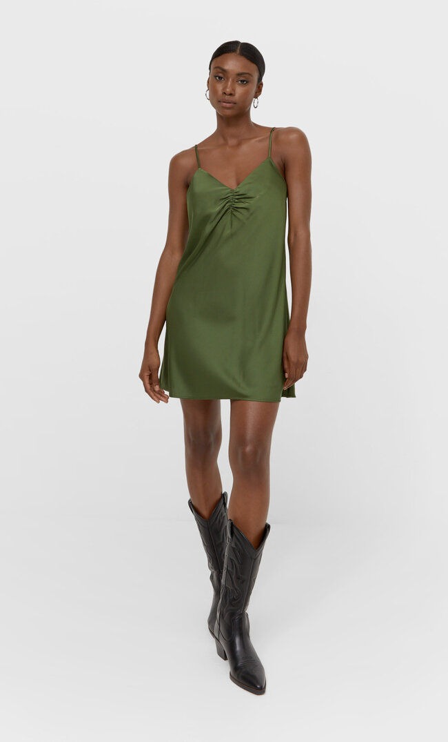 Stradivarius Camisole Dress With Gathered Detail Khaki L