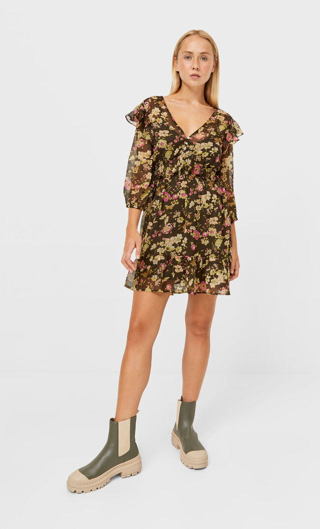 Stradivarius Sukienka Mini W Romantycznym Stylu Khaki S