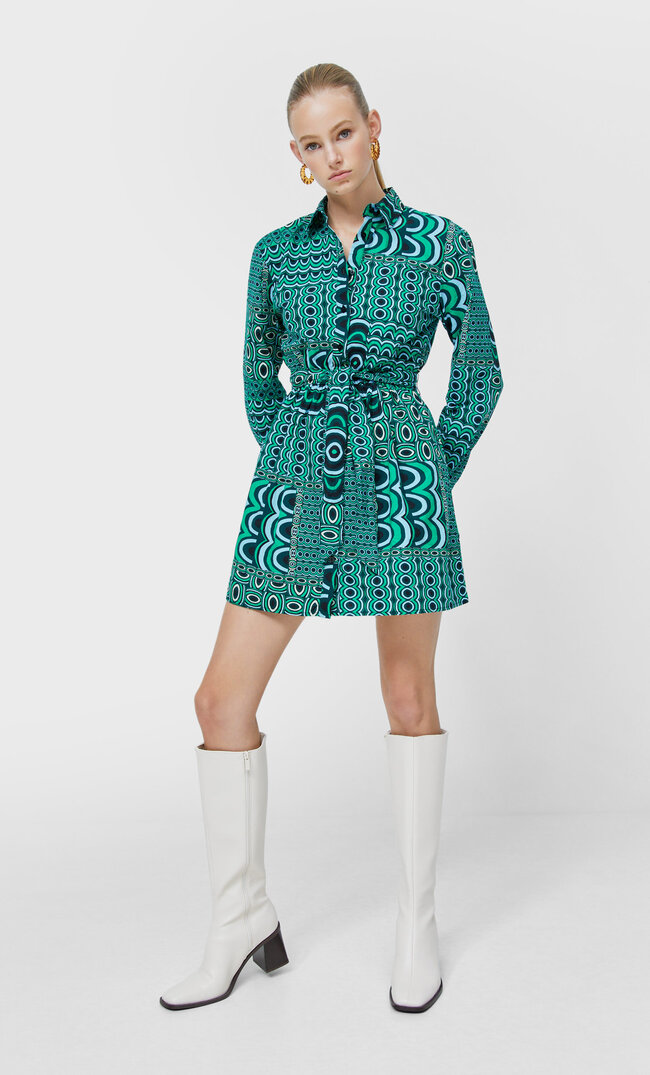 Stradivarius Bedrucktes Hemdkleid Elektrisch Blau Xl