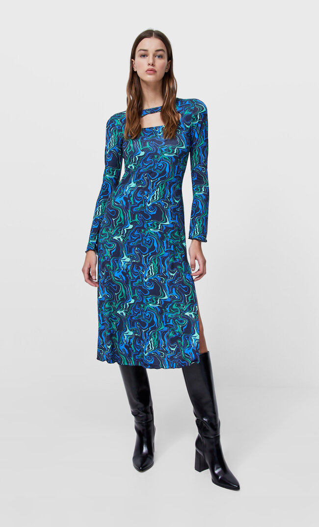 Stradivarius Long Knit Dress With Cut-Outs Royal Blue S