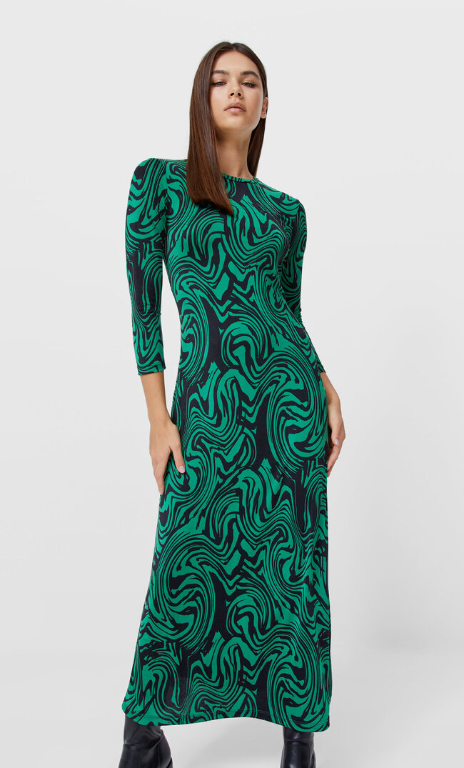 Stradivarius Long Round Neck Knit Dress Bottle Green M