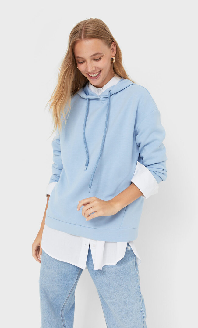 Stradivarius Bluza Basic Z Kapturem Błękitny M