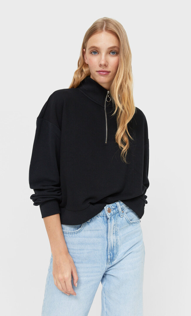 Stradivarius Zip Sweatshirt Black Xs