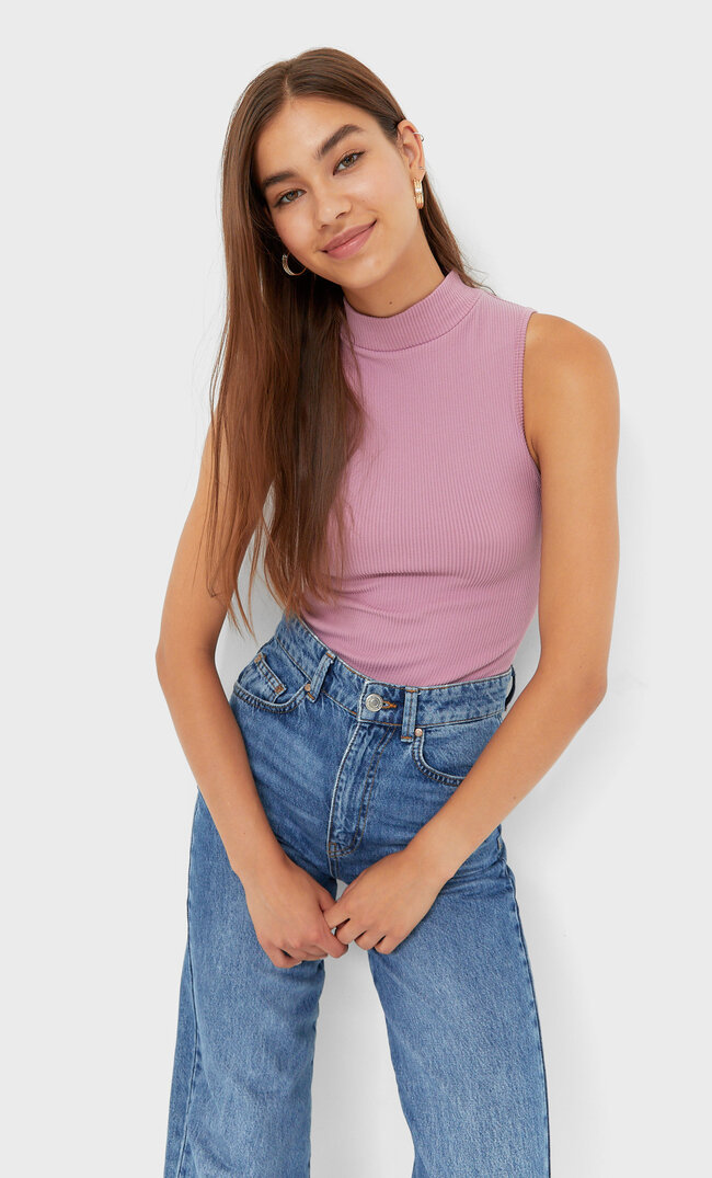 Stradivarius Nahtloses Shirt Mit Geripptem Stehkragen Hellrosa Xl