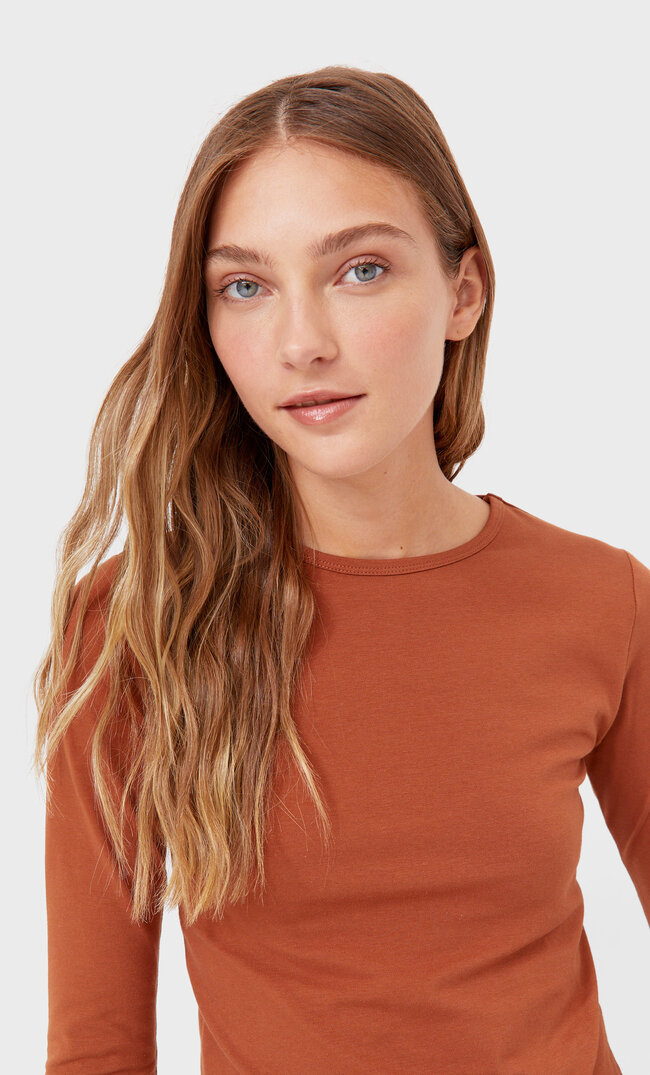 Stradivarius Long Sleeve Cropped T-Shirt Brown L