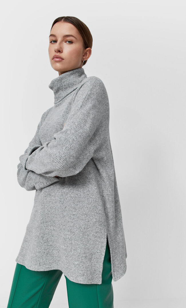 Stradivarius Napped Cotton Turtleneck Sweater Grey Melange L