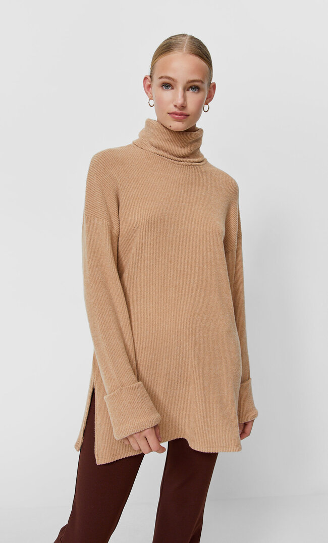 Stradivarius Napped Cotton Turtleneck Sweater Beige S