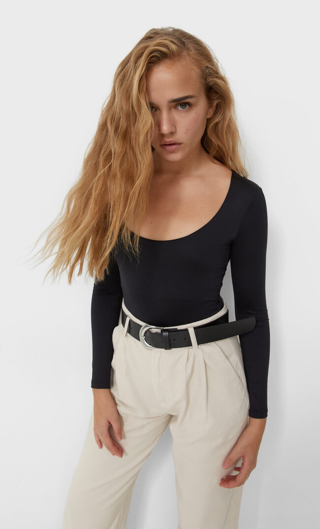 Stradivarius Body Z Długim Rękawem Z Tkaniny Poliamidowej Czarny Xs