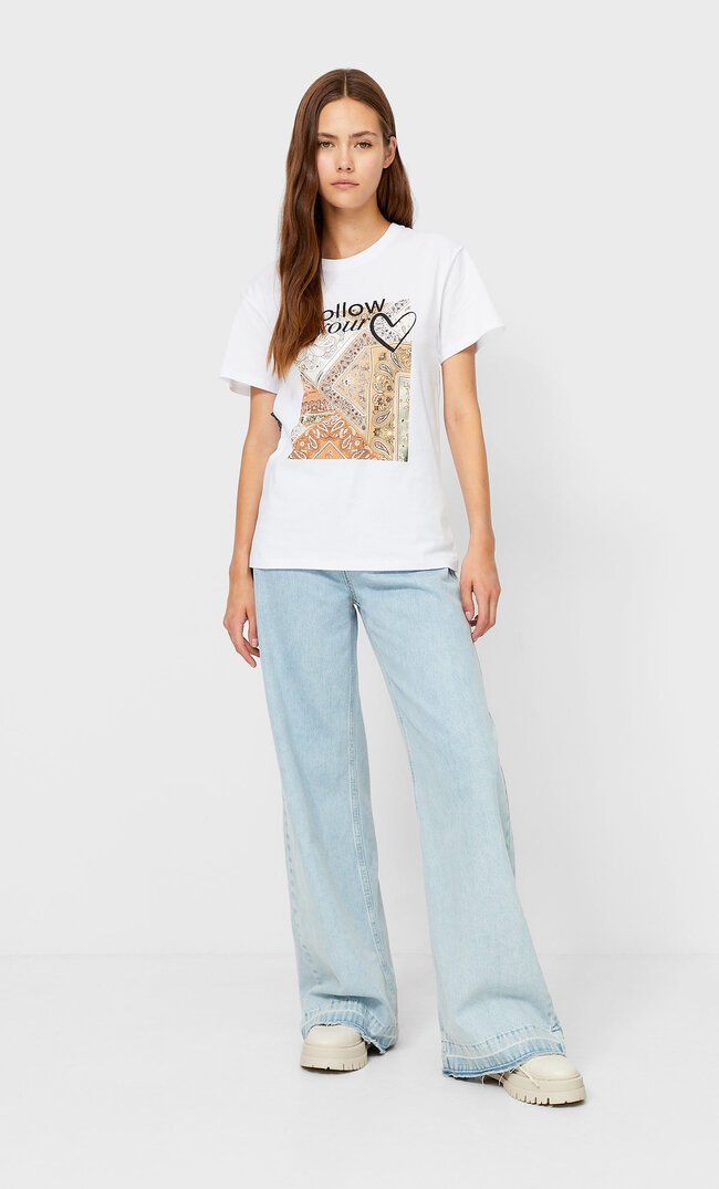 Stradivarius Foil Print T-Shirt White M