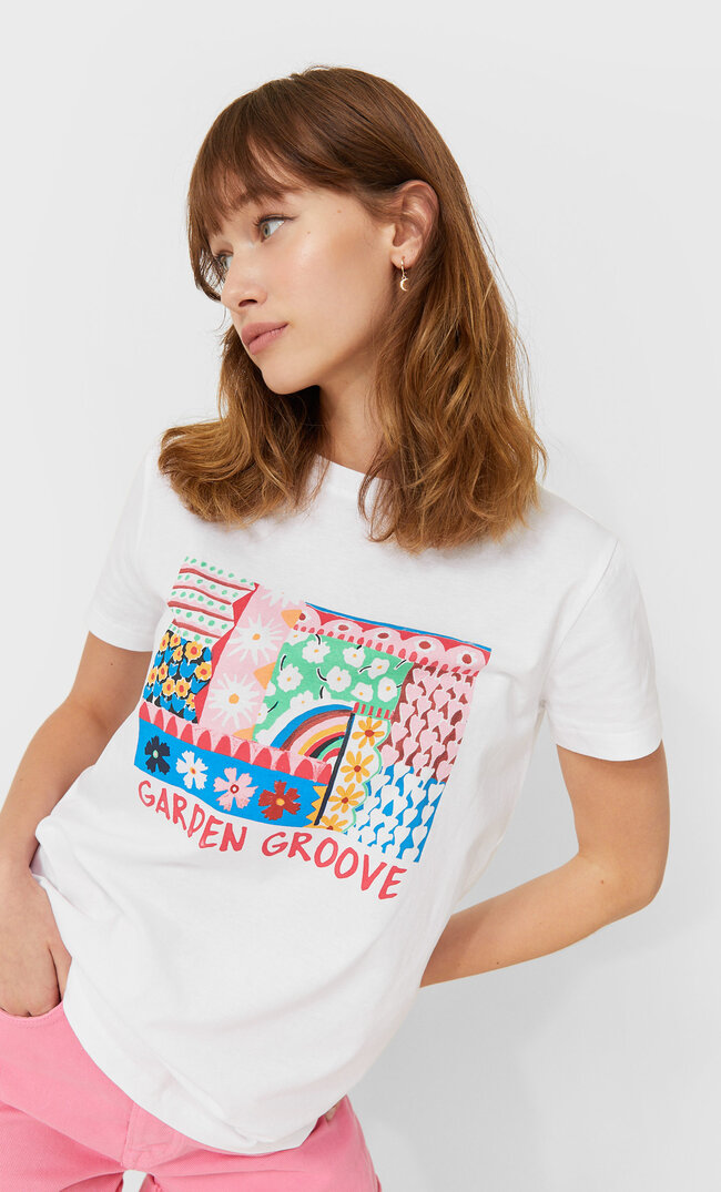 Stradivarius T-Shirt Mit Print Weiß S