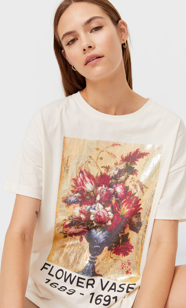 Stradivarius T-Shirt Mit Print Ecru L