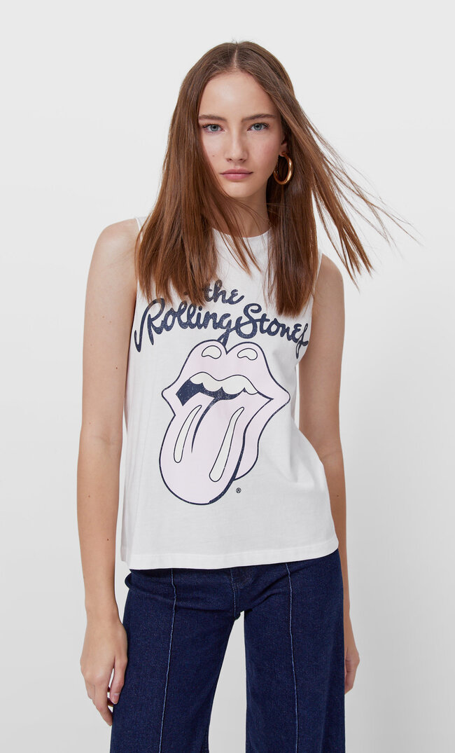 Stradivarius Shirt Rolling Stones Ecru S