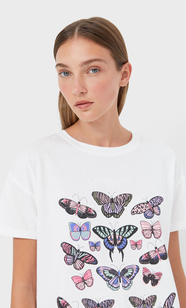 Stradivarius Botanical T-Shirt White Xs