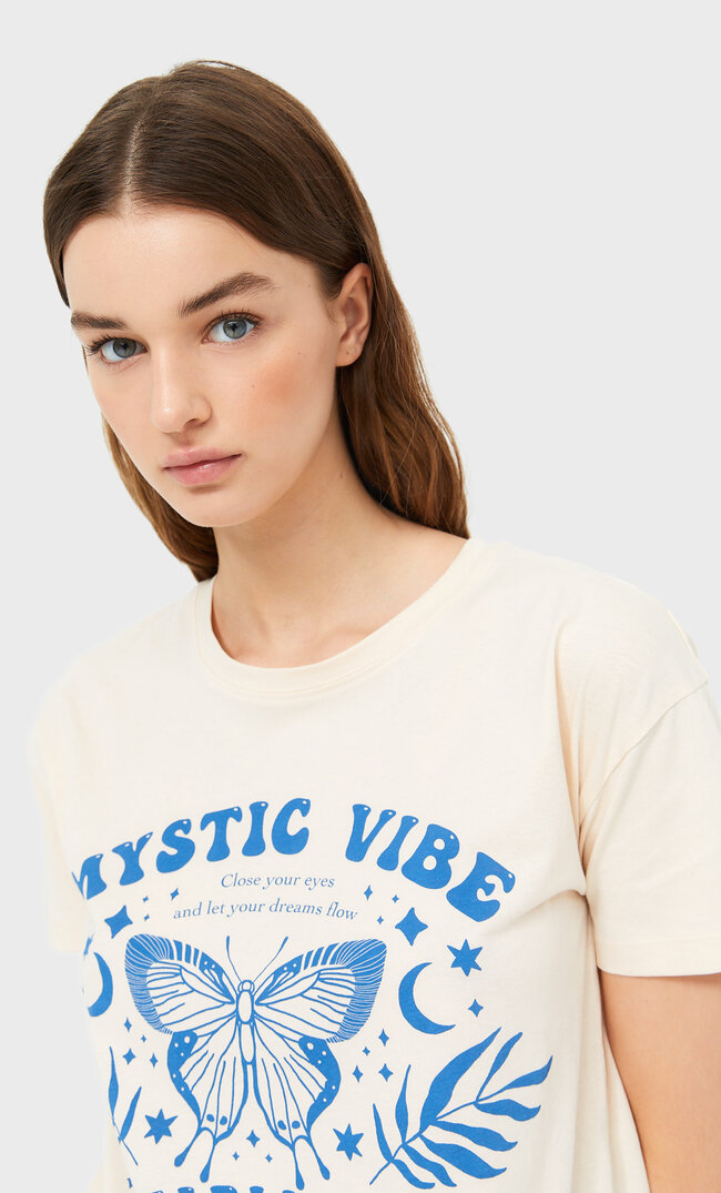 Stradivarius Botanical T-Shirt Ecru Xs