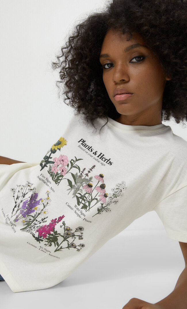 Stradivarius Koszulka Z Botanicznym Nadrukiem Waniliowy Xl