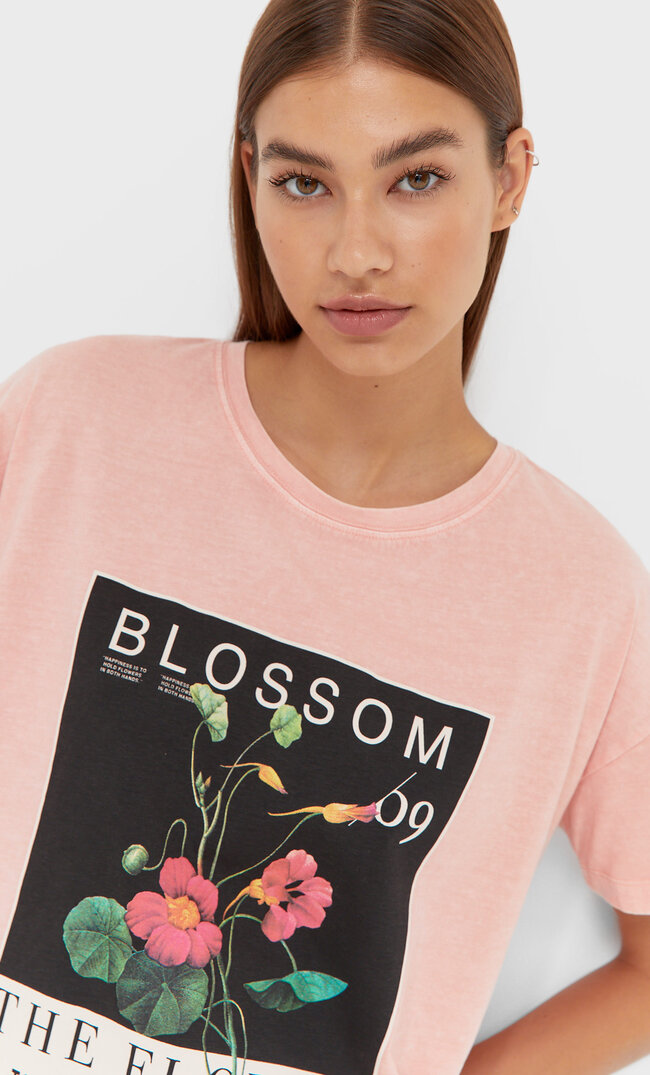 Stradivarius Botanical T-Shirt Dusty Rose S