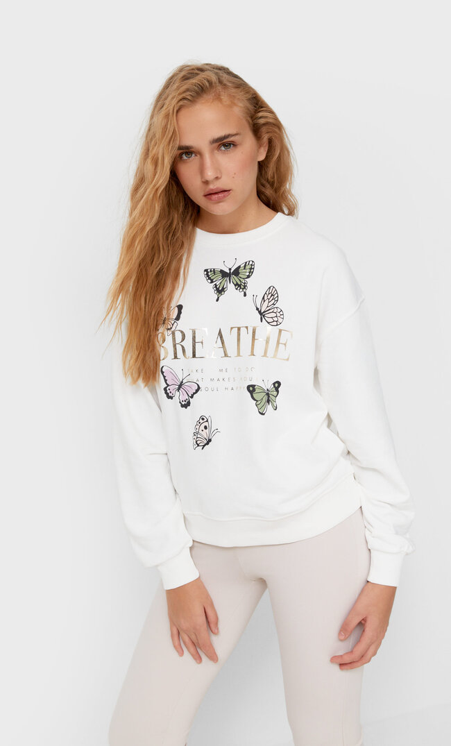 Stradivarius Printed Sweatshirt Ecru M