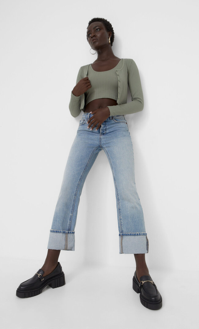Stradivarius Bezszwowy Top Z Kwadratowym Dekoltem Khaki Xs