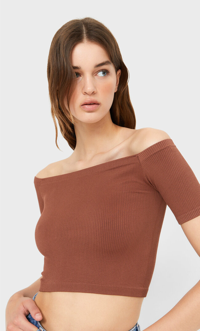 Stradivarius Top Z Odkrytymi Ramionami Brązowy L
