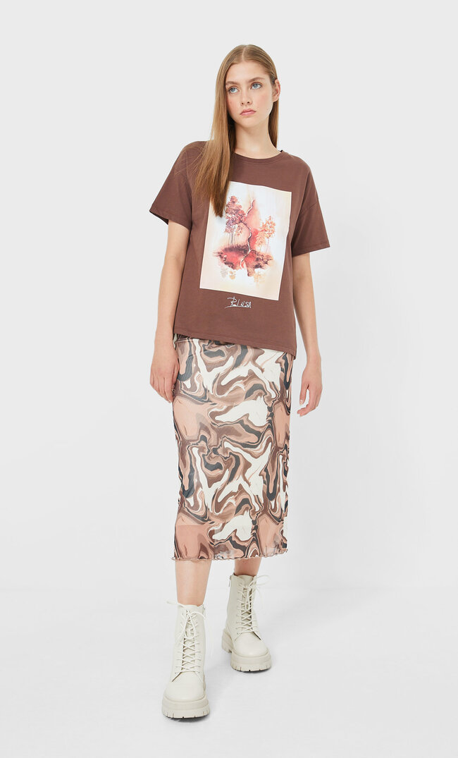 Stradivarius Raul Del Sol Print T-Shirt Brown M