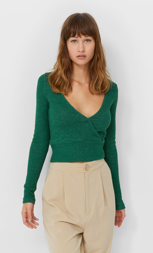 Stradivarius Top With A Crossover Neckline Bottle Green S