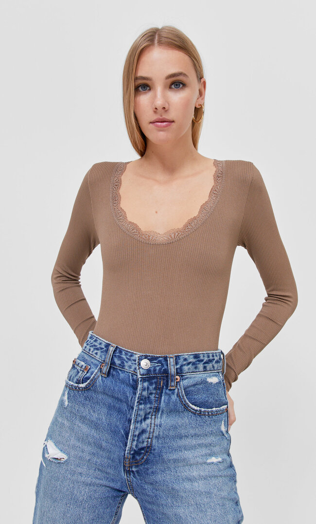 Stradivarius Lace-Trimmed Seamless Bodysuit Brown L