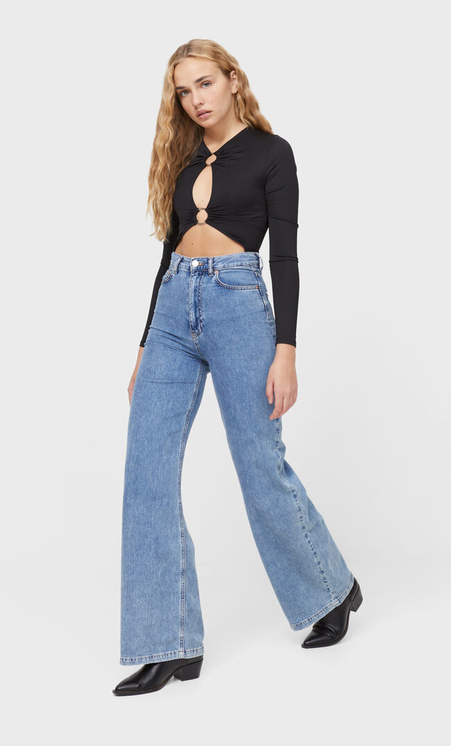 Stradivarius Боди С Декоративным Кольцом Черный L