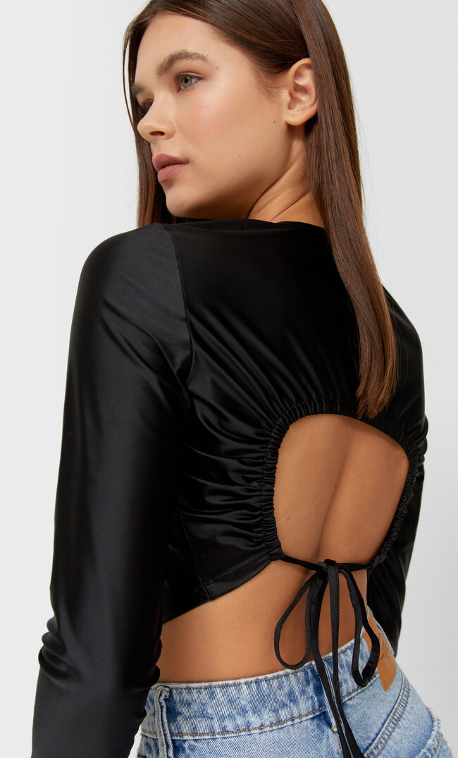 Stradivarius Long Sleeve Satin Top With Open Back Black S