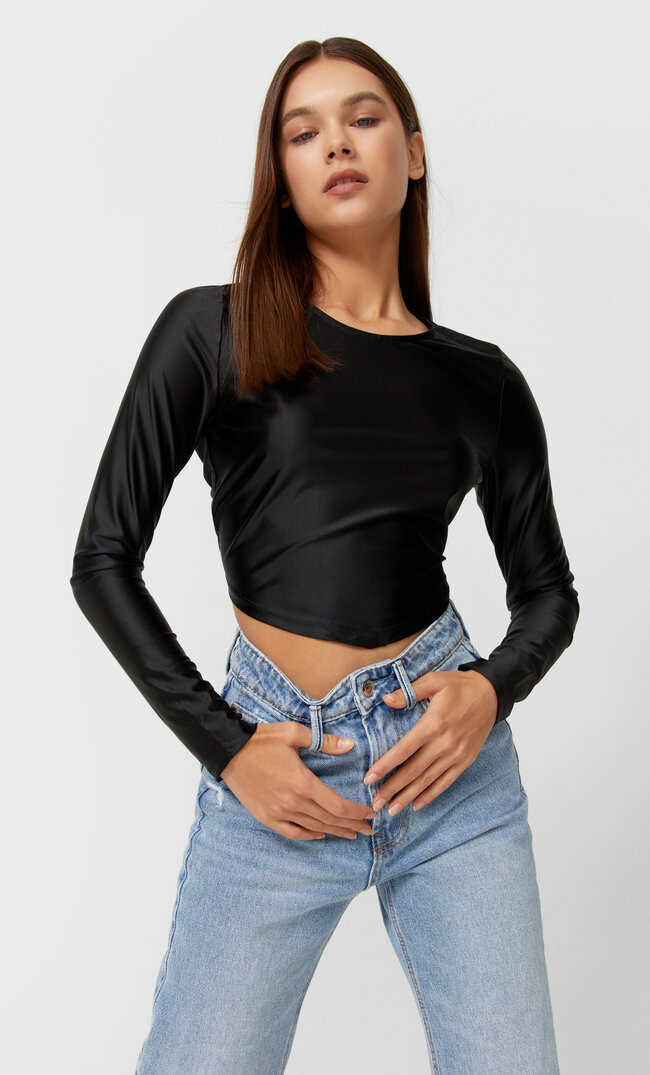 Stradivarius Топ Из Атласа С Длинными Рукавами И Декоративным Платком Черный M