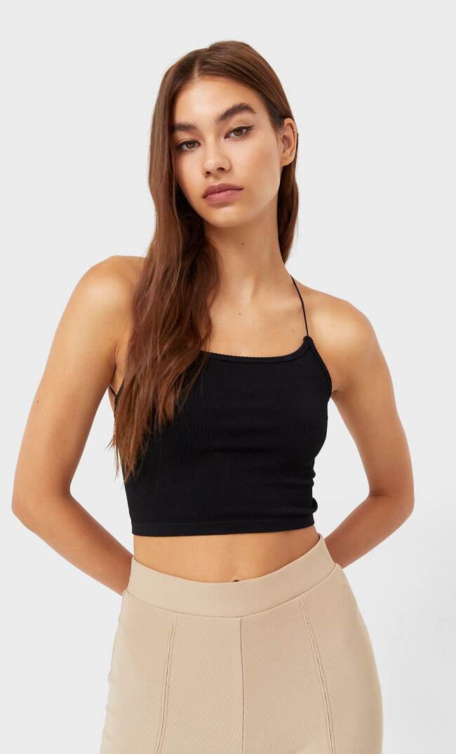 Stradivarius Bezszwowy Top Z Ozdobnym Tyłem Czarny Xs