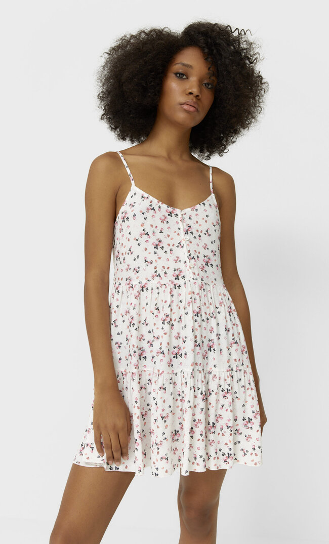 Stradivarius Geblümtes Trägerkleid Ecru S